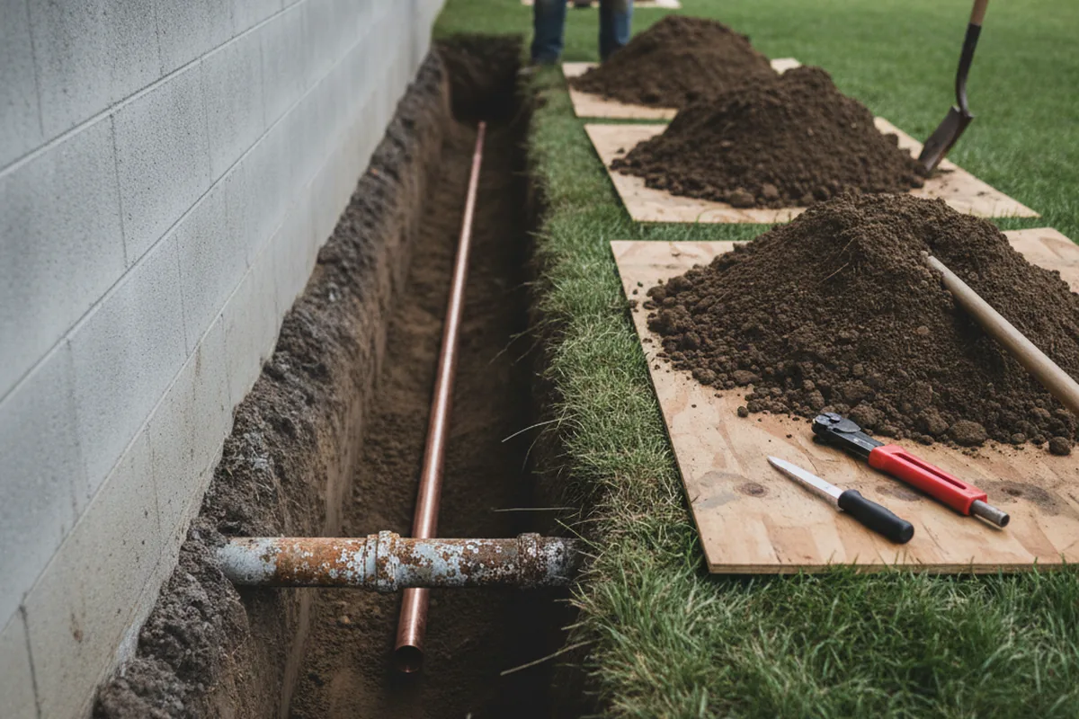 Excavated water line trench during Water Softener Installation in Matthews